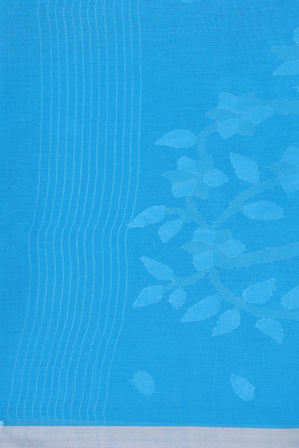 Bengal Cotton Saree In Deep Sky Blue With Threadwork Buttas