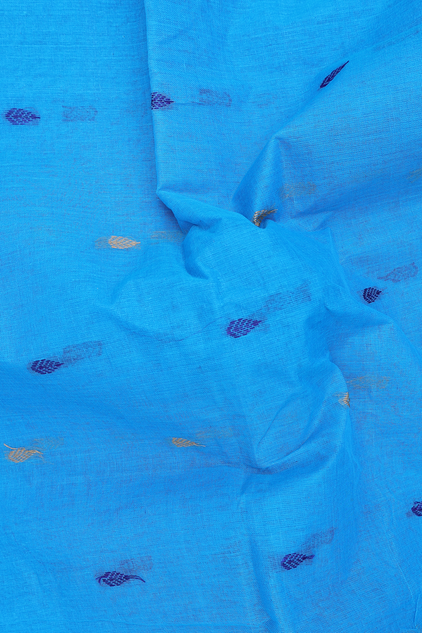 Bengal Cotton Saree In Deep Sky Blue With Threadwork Buttas