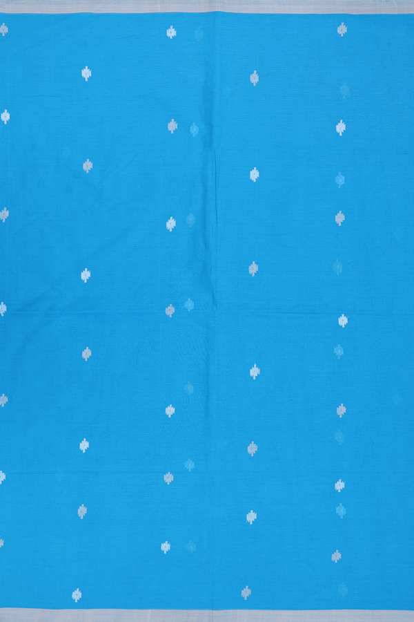 Bengal Cotton Saree In Deep Sky Blue With Threadwork Buttas