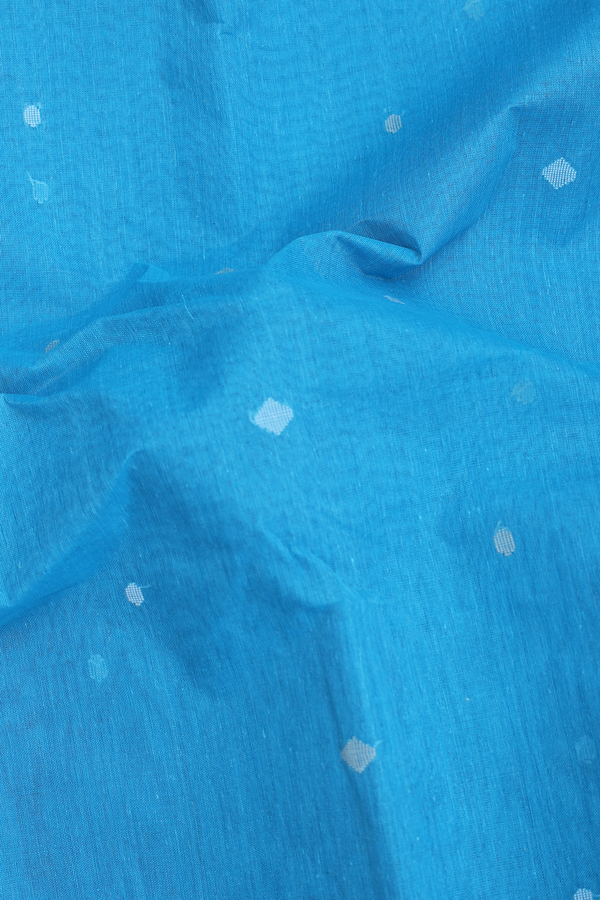 Bengal Cotton Saree In Deep Sky Blue With Threadwork Buttas