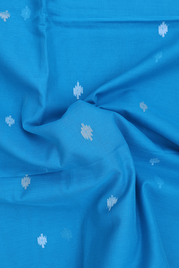Bengal Cotton Saree In Deep Sky Blue With Threadwork Buttas