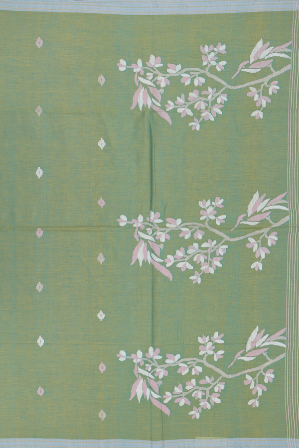 Bengal Cotton Saree In Green With Threadwork Buttas
