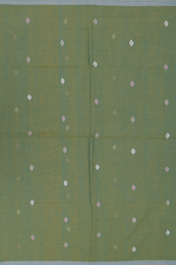 Bengal Cotton Saree In Green With Threadwork Buttas