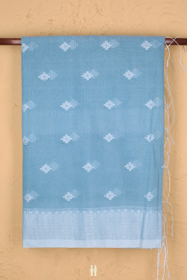 Bengal Cotton Saree In Dusty Blue With Threadwork Buttas