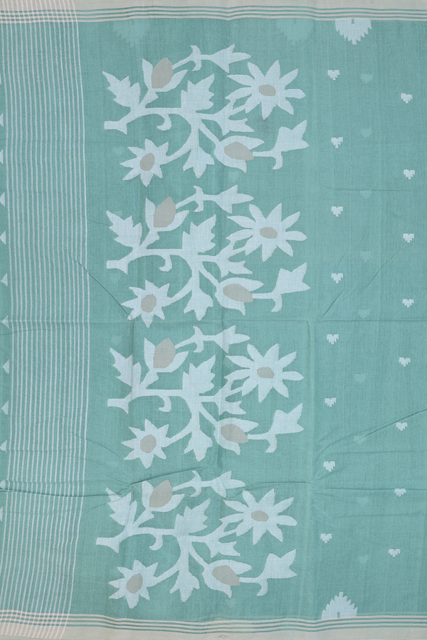 Bengal Cotton Saree In Dusty Green With Threadwork Buttas