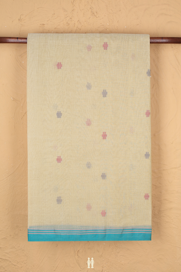 Bengal Cotton Saree In Dusty Khaki With Threadwork Buttas