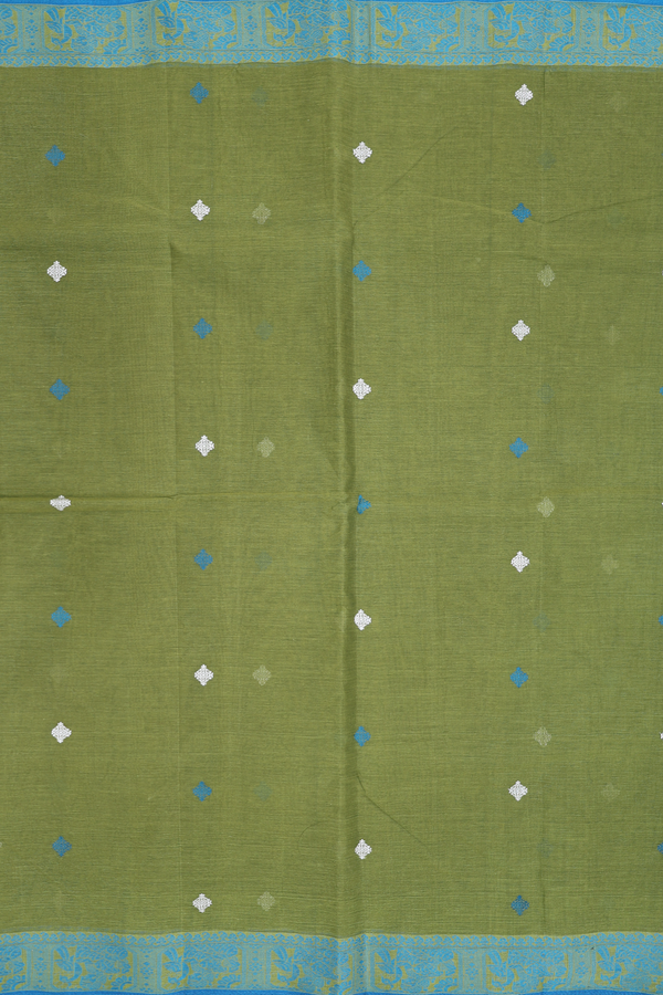 Bengal Cotton Saree In Fern Green With Threadwork Buttas