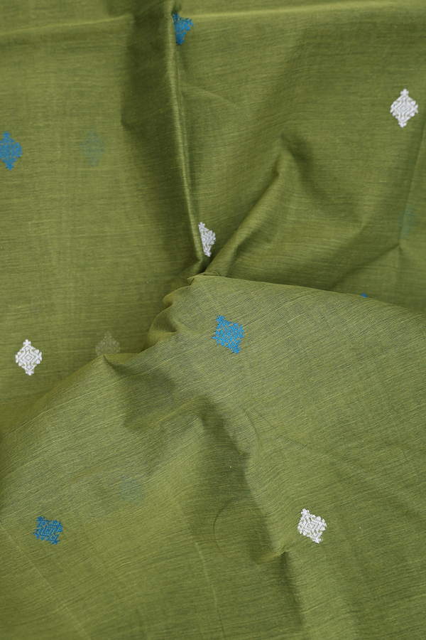 Bengal Cotton Saree In Fern Green With Threadwork Buttas