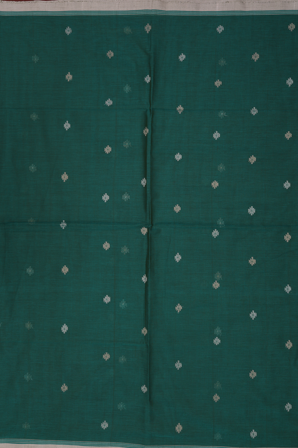 Bengal Cotton Saree In Forest Green With Threadwork Buttas