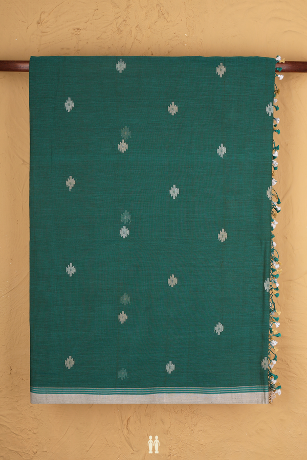 Bengal Cotton Saree In Forest Green With Threadwork Buttas