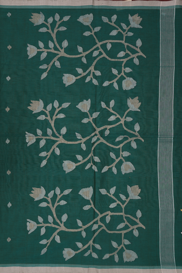 Bengal Cotton Saree In Forest Green With Threadwork Buttas