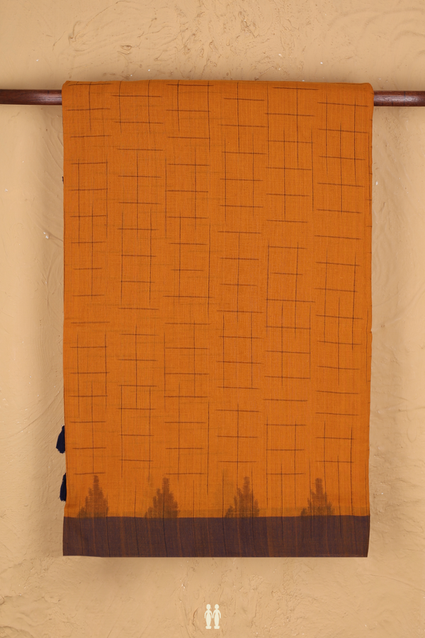 Bengal Cotton Saree In Ginger Orange With Checks Design