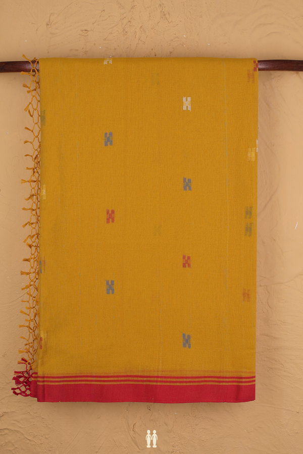 Bengal Cotton Saree In Golden Brown With Threadwork Buttas