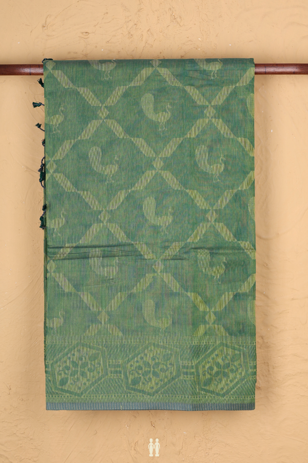 Bengal Cotton Saree In Green With Peacock Design