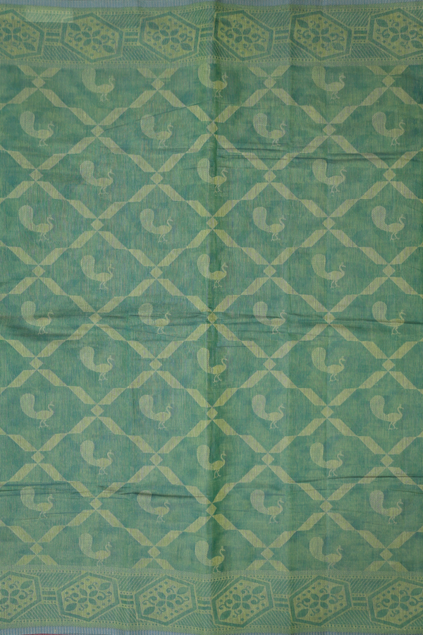 Bengal Cotton Saree In Green With Peacock Design