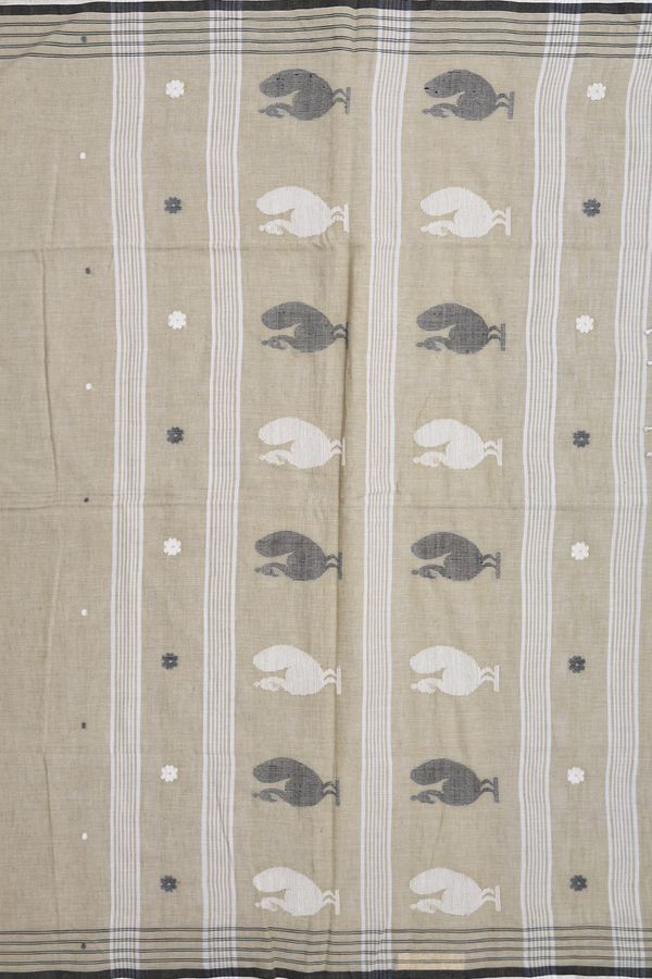 Bengal Cotton Saree In Greenish Beige With Threadwork Buttas