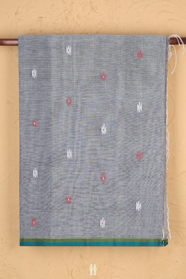 Bengal Cotton Saree In Grey With Threadwork Buttas