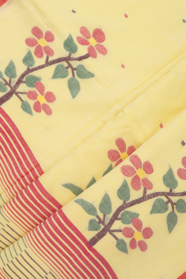 Bengal Cotton Saree In Light Yellow With Threadwork Buttis