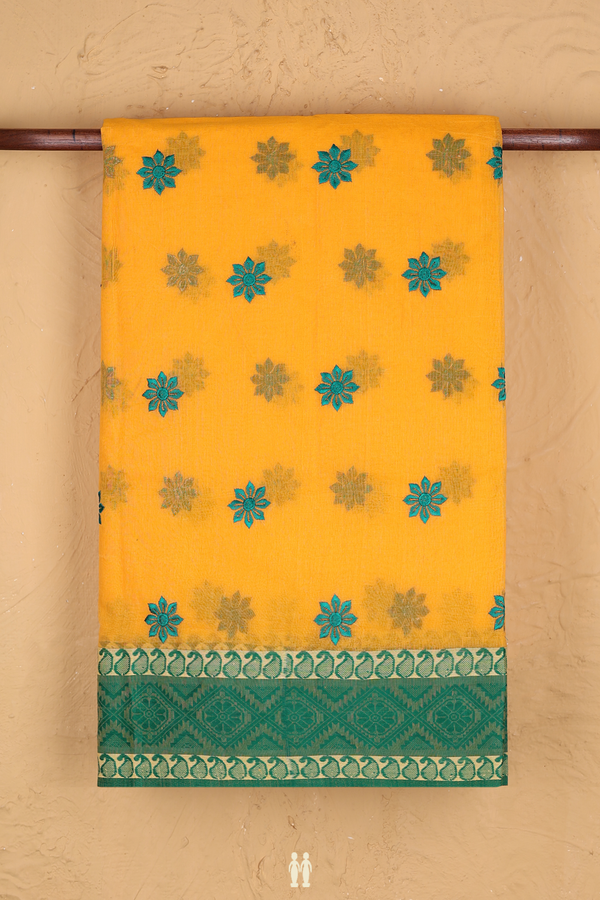 Bengal Cotton Saree In Mango Yellow With Floral Buttas