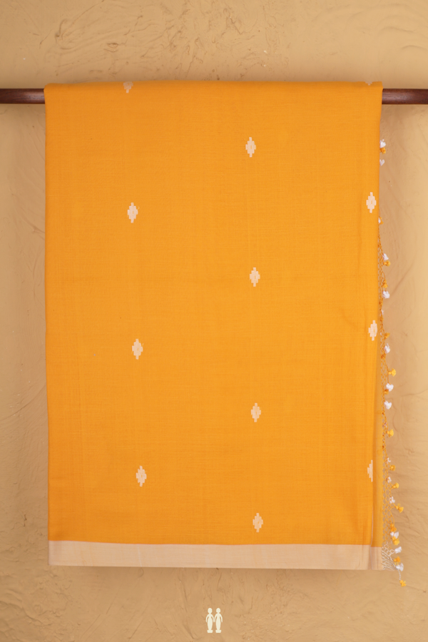 Bengal Cotton Saree In Marigold Orange With Threadwork Buttas