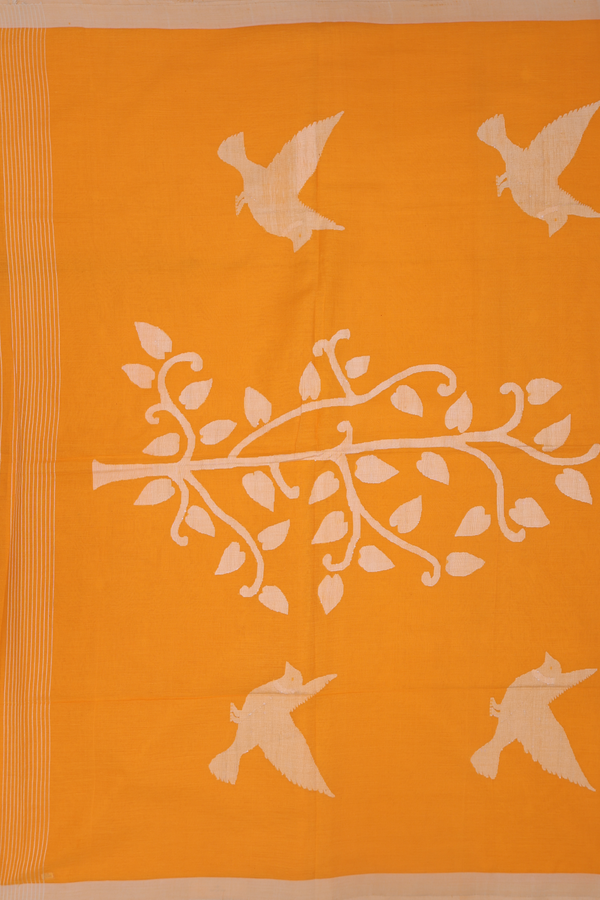 Bengal Cotton Saree In Marigold Orange With Threadwork Buttas