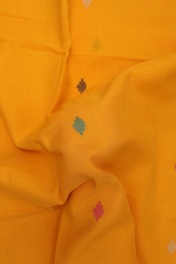 Bengal Cotton Saree In Marigold Orange With Threadwork Buttas