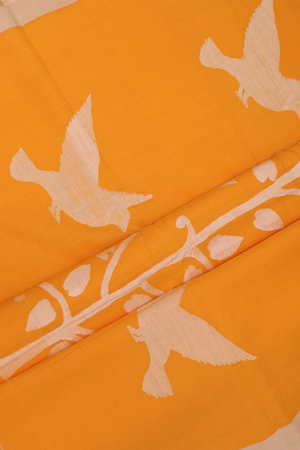 Bengal Cotton Saree In Marigold Orange With Threadwork Buttas
