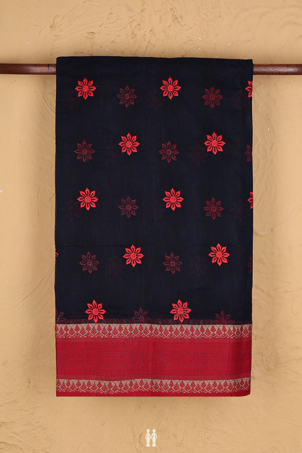 Bengal Cotton Saree In Navy Blue With Floral Buttas