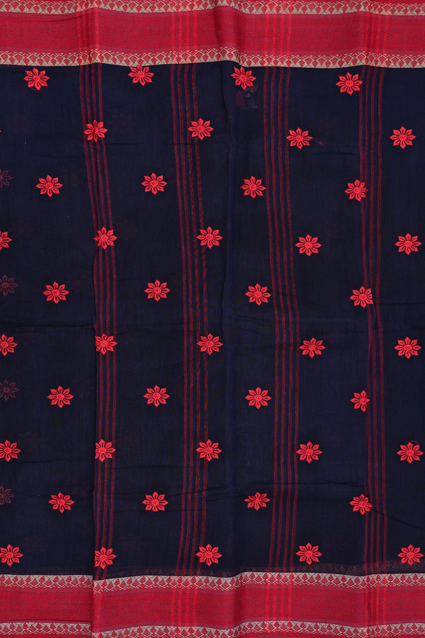 Bengal Cotton Saree In Navy Blue With Floral Buttas