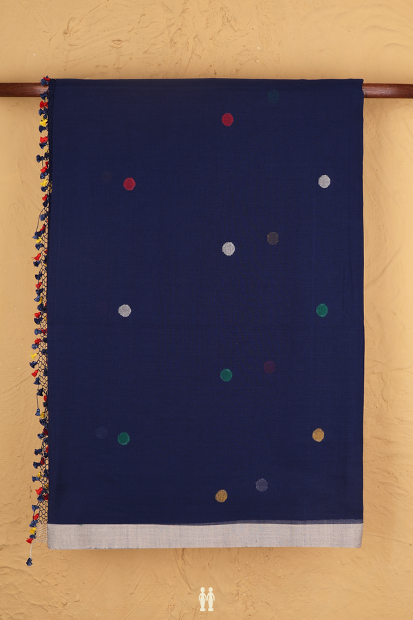 Bengal Cotton Saree In Navy Blue With Threadwork Buttas