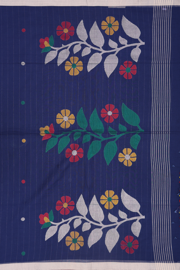 Bengal Cotton Saree In Navy Blue With Threadwork Buttas
