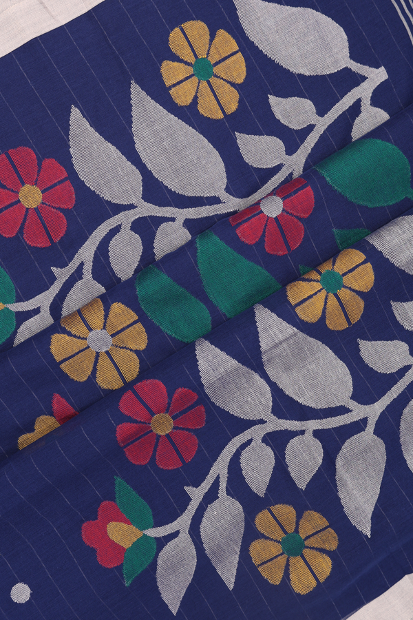 Bengal Cotton Saree In Navy Blue With Threadwork Buttas