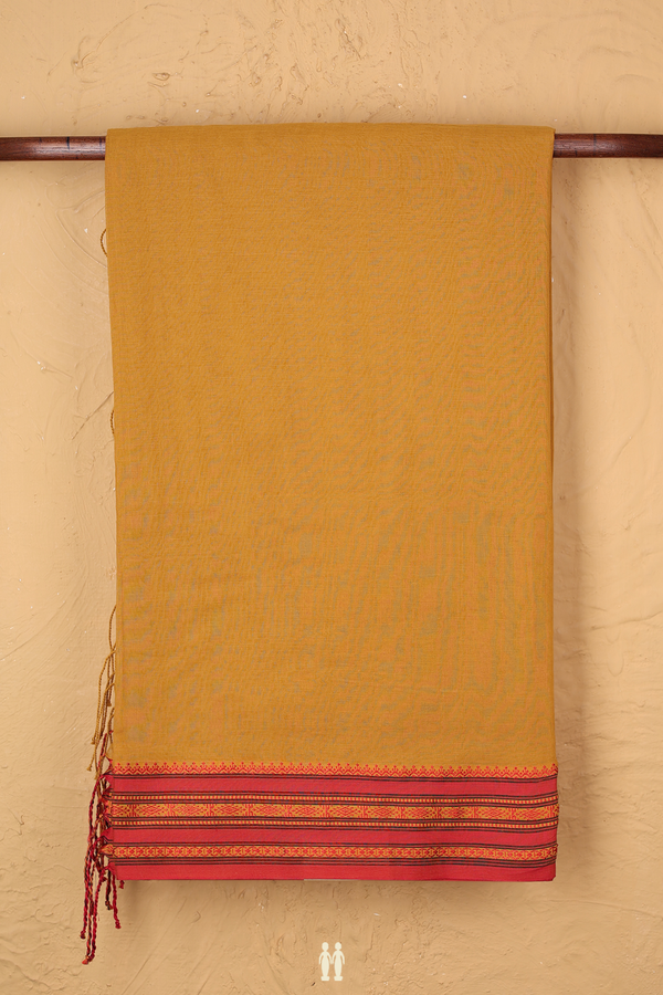 Bengal Cotton Saree In Ochre Orange With Threadwork Border