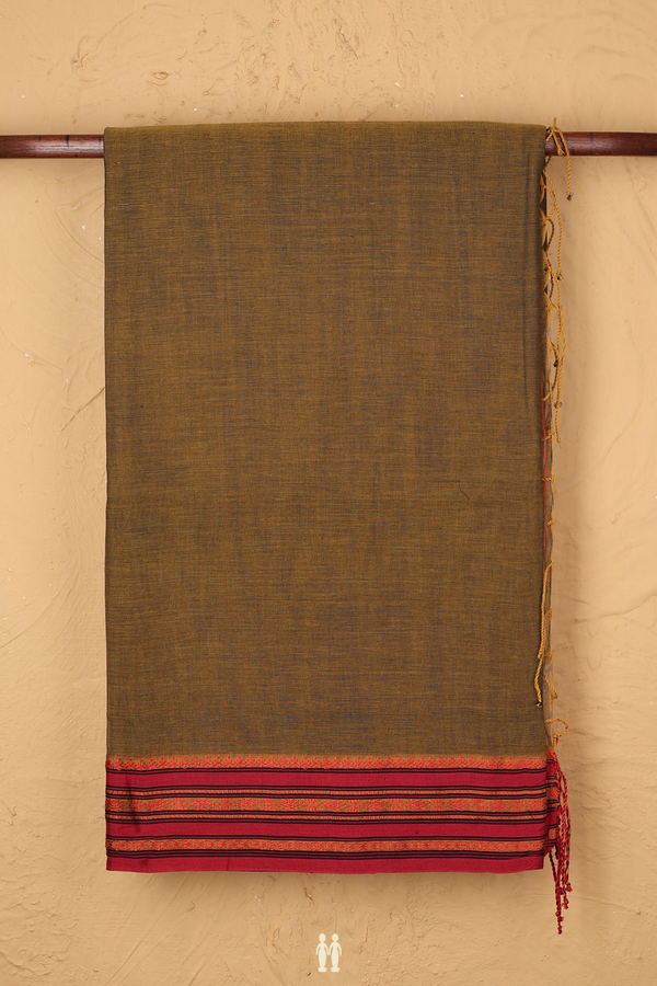 Bengal Cotton Saree In Olive Brown With Threadwork Border