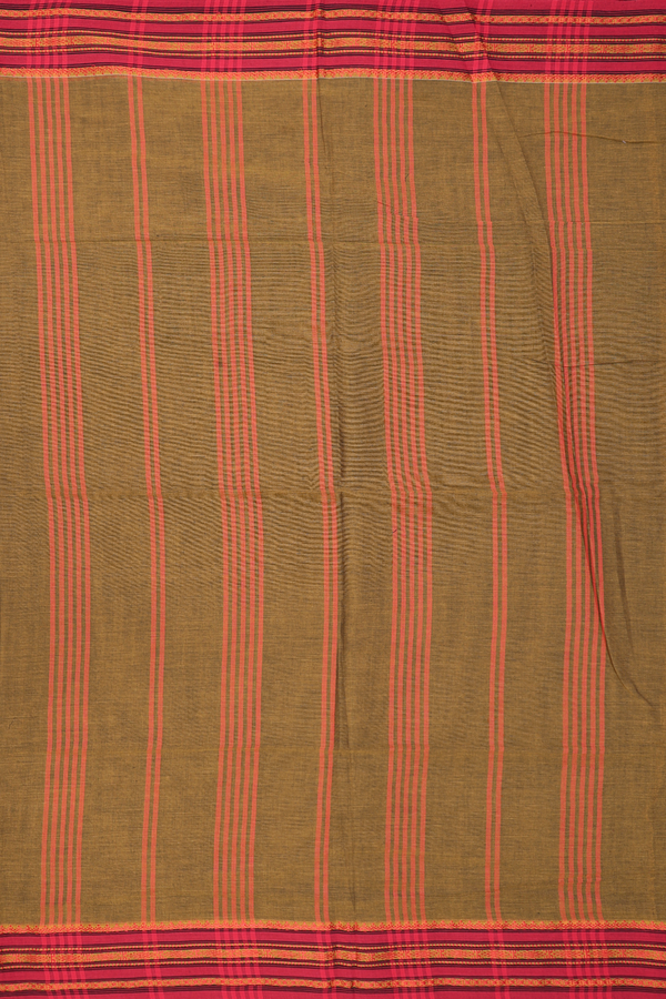 Bengal Cotton Saree In Olive Brown With Threadwork Border