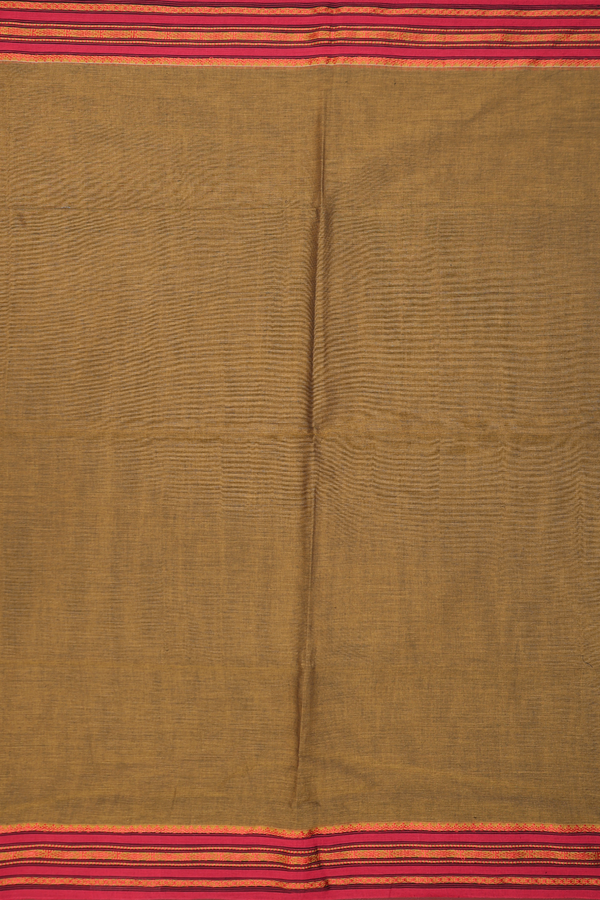 Bengal Cotton Saree In Olive Brown With Threadwork Border