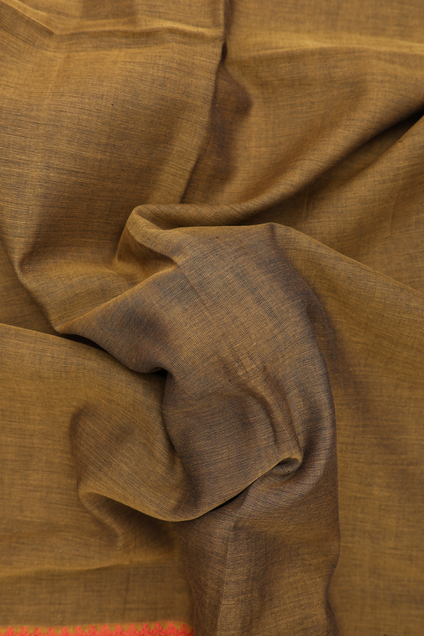 Bengal Cotton Saree In Olive Brown With Threadwork Border