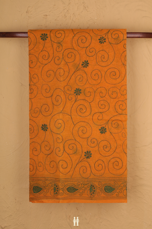 Bengal Cotton Saree In Orange With Chikankari Design
