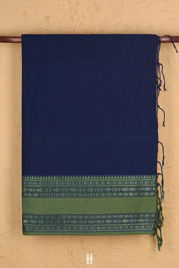 Bengal Cotton Saree In Oxford Blue With Threadwork Border