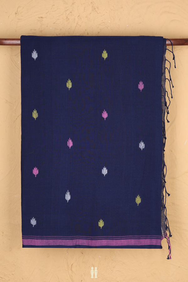 Bengal Cotton Saree In Oxford Blue With Threadwork Buttas