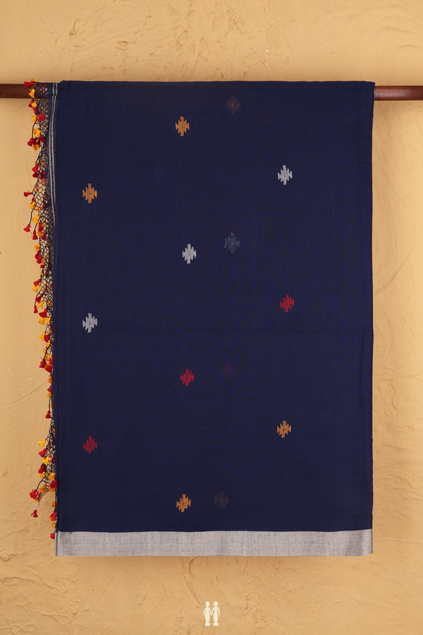 Bengal Cotton Saree In Oxford Blue With Threadwork Buttas