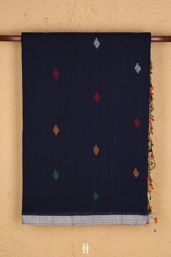 Bengal Cotton Saree In Oxford Blue With Threadwork Buttas