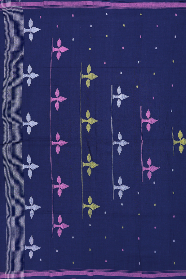 Bengal Cotton Saree In Oxford Blue With Threadwork Buttas