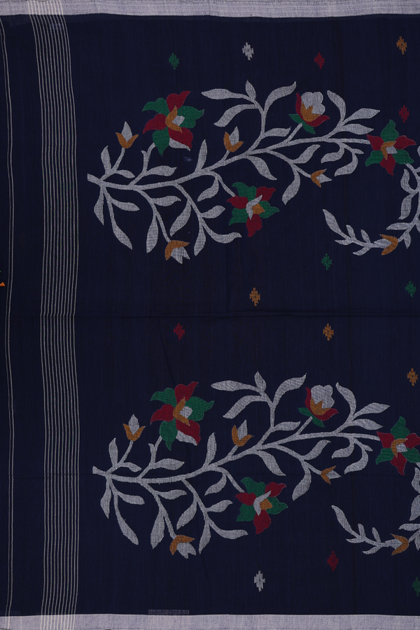 Bengal Cotton Saree In Oxford Blue With Threadwork Buttas