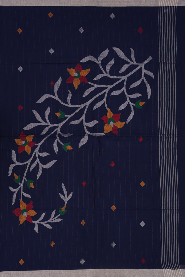 Bengal Cotton Saree In Oxford Blue With Threadwork Buttas
