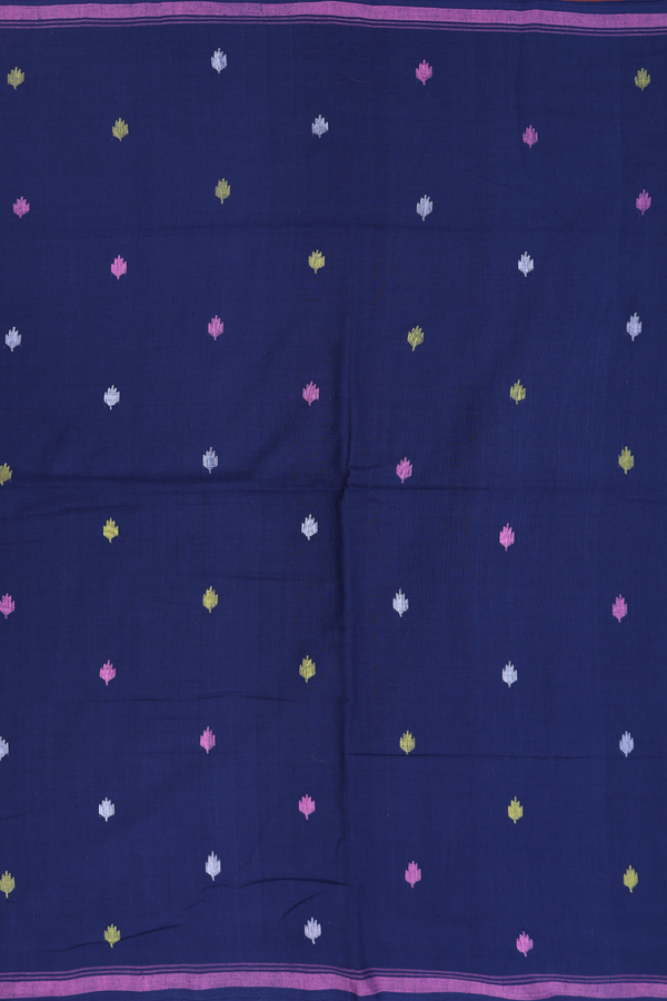 Bengal Cotton Saree In Oxford Blue With Threadwork Buttas