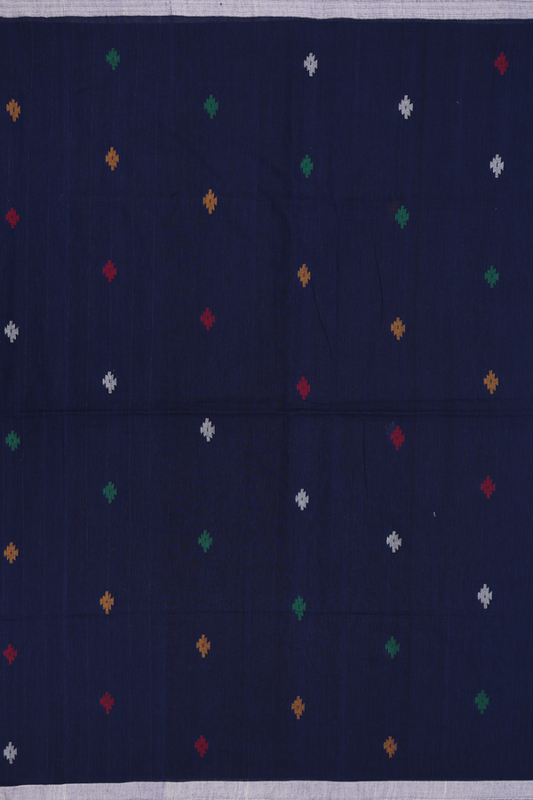 Bengal Cotton Saree In Oxford Blue With Threadwork Buttas