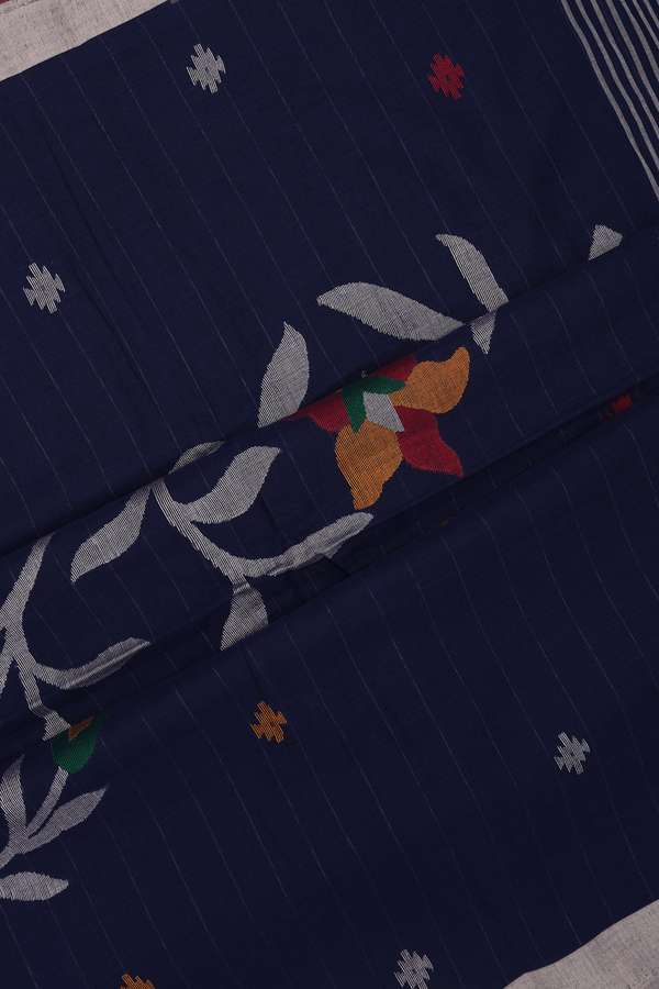 Bengal Cotton Saree In Oxford Blue With Threadwork Buttas