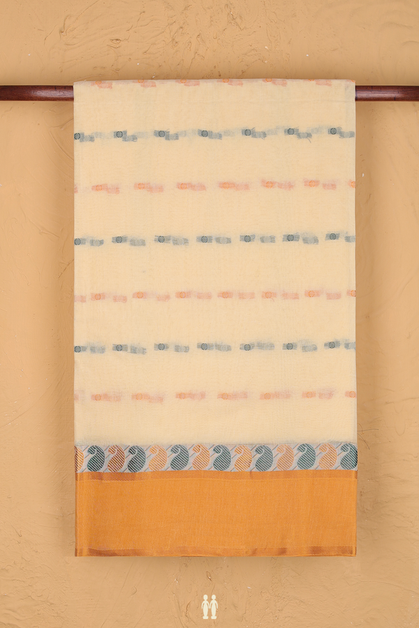 Bengal Cotton Saree In Pale Yellow With Threadwork Buttas