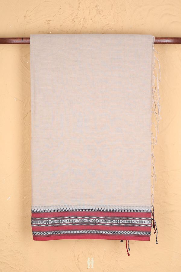 Bengal Cotton Saree In Pastel Khaki With Threadwork Border